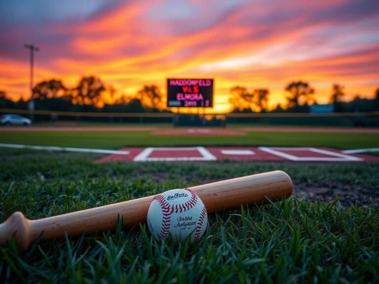 Flick International A vibrant baseball field at dusk with a bat and ball in the foreground