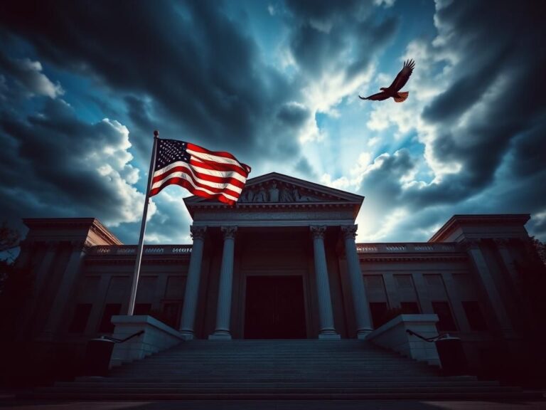 Flick International A majestic courthouse entrance with wooden doors and marble columns, symbolizing the weight of justice.