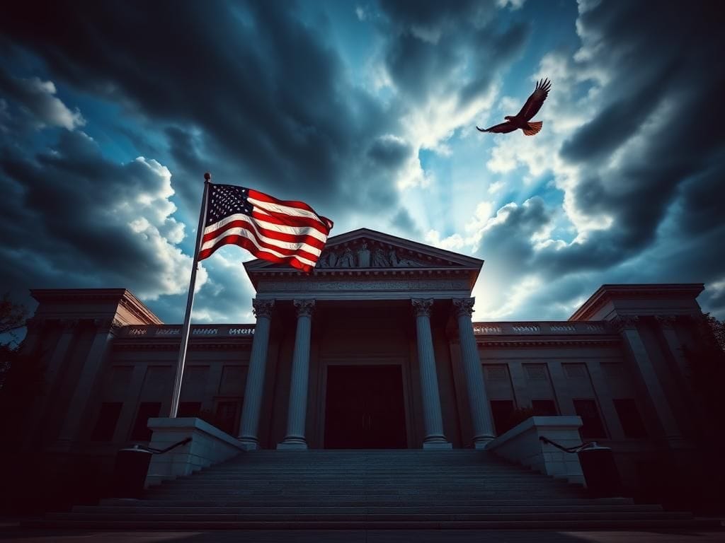 Flick International A majestic courthouse entrance with wooden doors and marble columns, symbolizing the weight of justice.