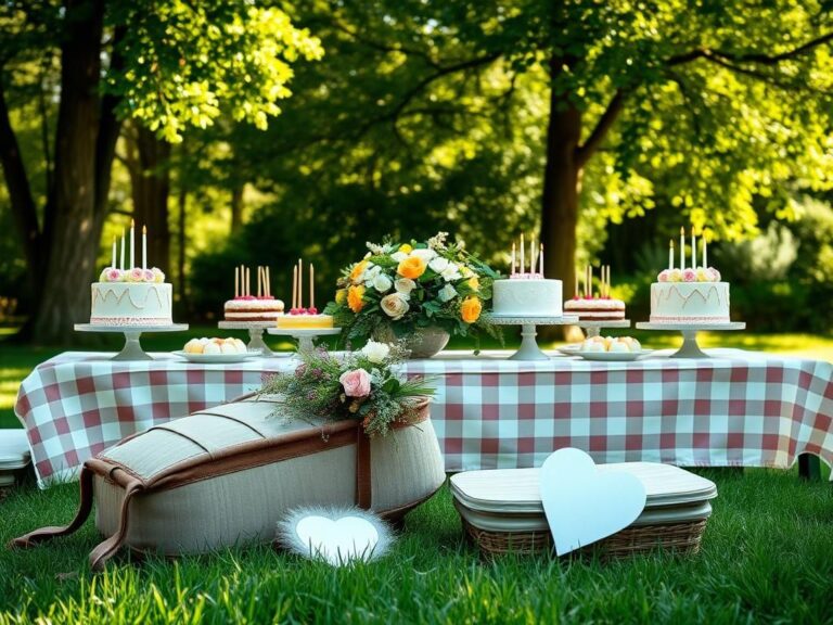Flick International A beautifully arranged picnic table with birthday cakes and a rustic baby carrier in a serene outdoor setting.
