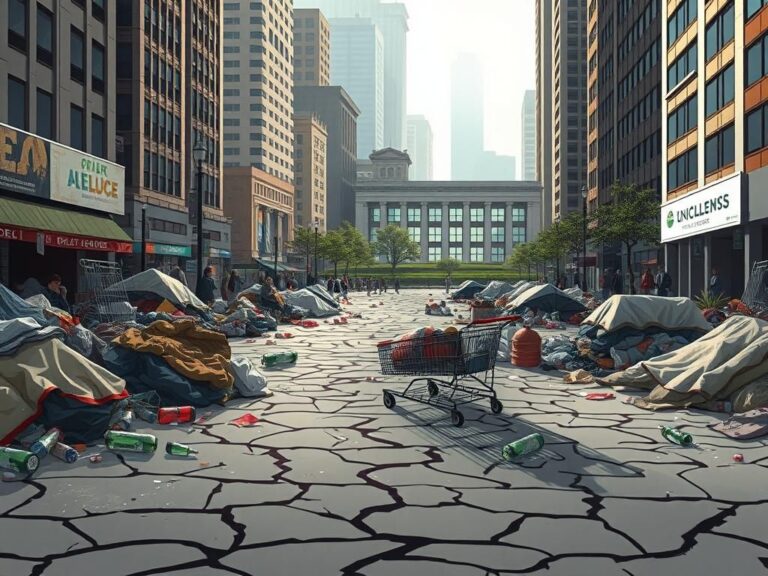 Flick International A bustling city street depicting homelessness with scattered belongings and makeshift shelters.