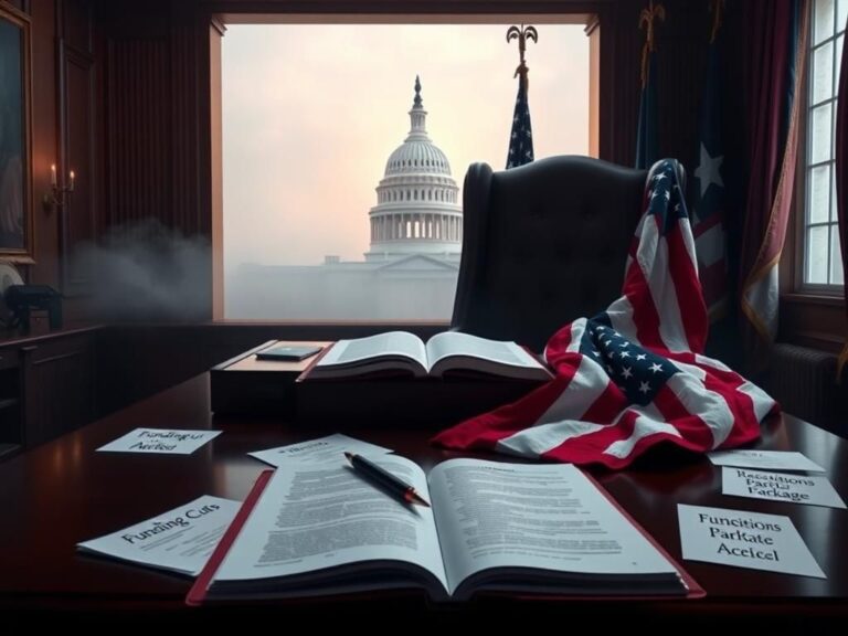 Flick International A large, dark wooden desk with an open law book and a pen, symbolizing legislative action, with a silhouette of the U.S. Capitol in the background.