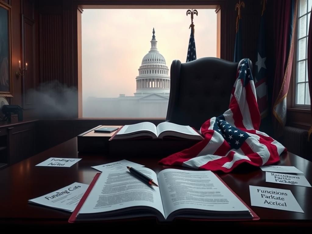 Flick International A large, dark wooden desk with an open law book and a pen, symbolizing legislative action, with a silhouette of the U.S. Capitol in the background.