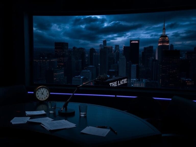 Flick International A dimly lit television studio set with an empty desk, microphone, and 'The Late Show' sign