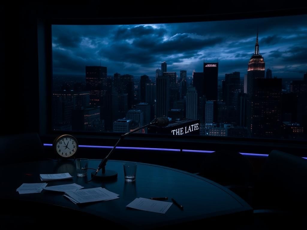 Flick International A dimly lit television studio set with an empty desk, microphone, and 'The Late Show' sign