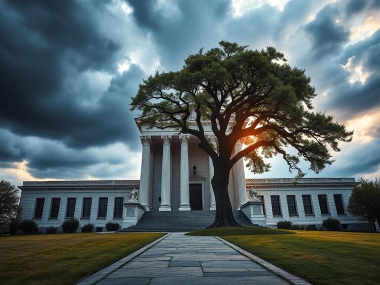 Flick International A symbolic courthouse façade symbolizing authority and justice, partially obscured by dark clouds.