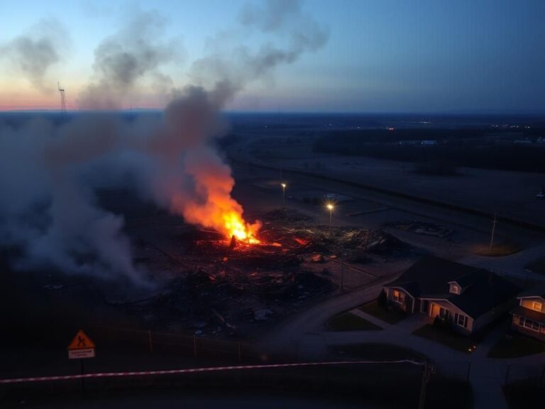 Flick International Aerial view of a devastated California fireworks facility after a powerful explosion