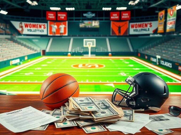 Flick International Dynamic college sports arena featuring football and basketball equipment with money and contracts symbolizing the business of college athletics