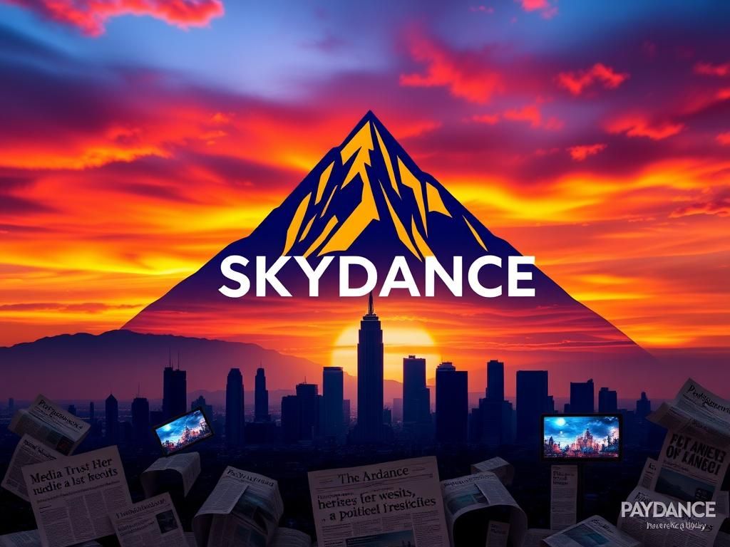 Flick International Stylized corporate logo of Paramount and Skydance against a vibrant sunset sky