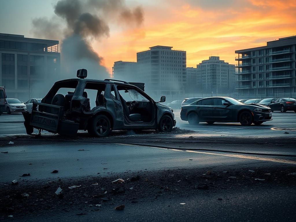 Flick International A large, charred vehicle surrounded by damaged cars in a smoking parking lot aftermath of a massive explosion.