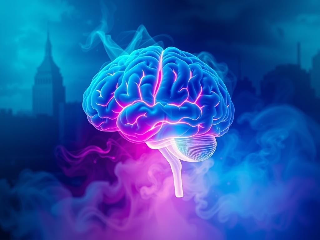 Flick International Abstract representation of a brain with glowing neural pathways surrounded by colorful smoke