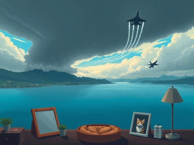 Flick International Dramatic scene of Seattle with fighter jets flying over a tranquil home environment illustrating the noise impact on a cat.