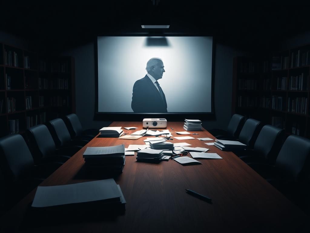 Flick International Dimly lit conference room symbolizing political discussions about Biden's viability