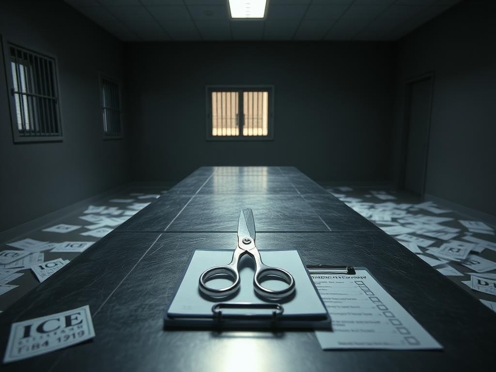 Flick International Dimly lit federal immigration facility room with metallic table and silver scissors