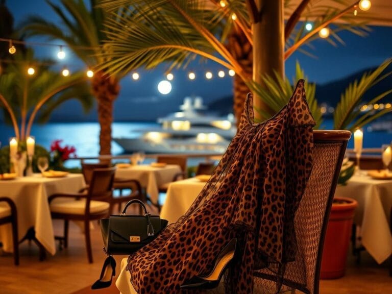 Flick International Sheer leopard-print dress displayed elegantly on a chair at a luxurious Saint-Tropez restaurant