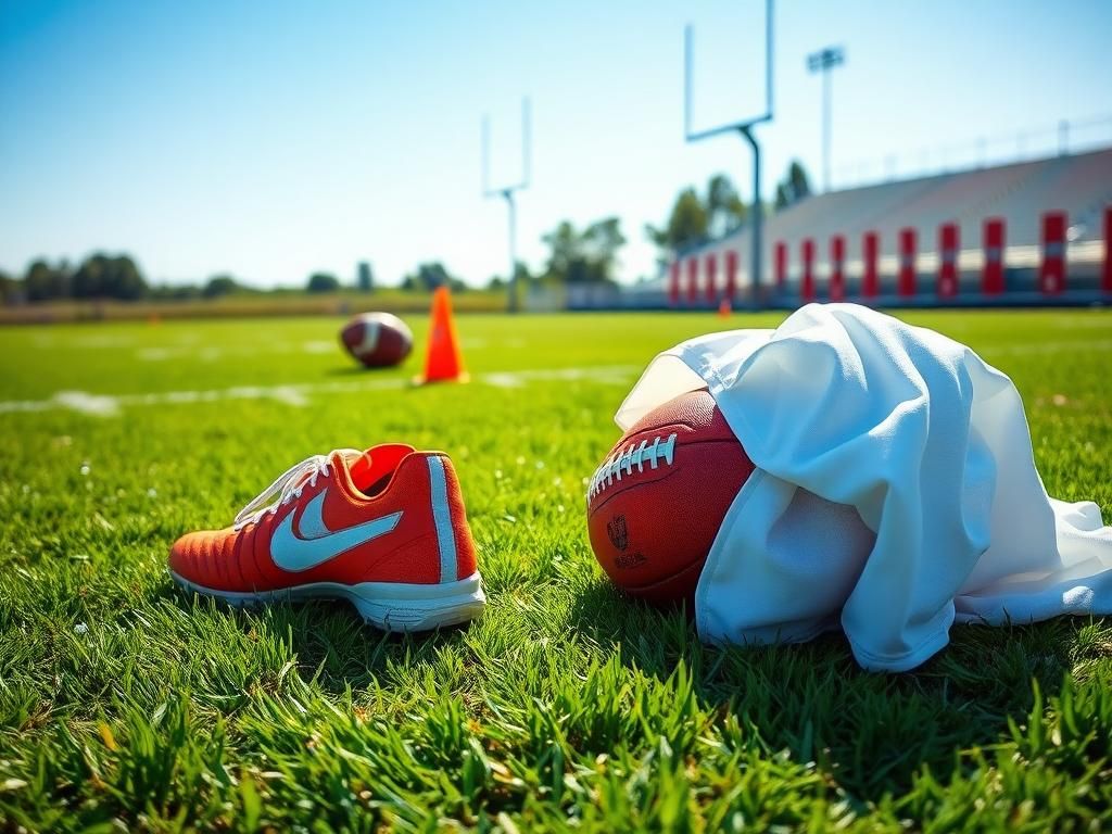 Flick International A pair of well-worn orange and white football cleats on the sideline at a training camp