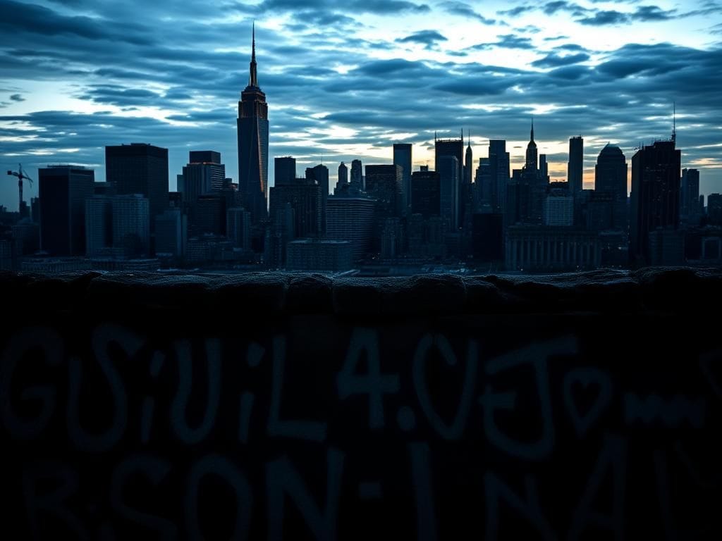 Flick International Cityscape of New York City at dusk with graffiti-covered wall highlighting social justice symbols and political tension