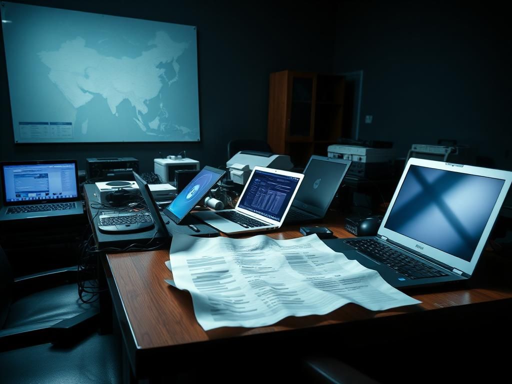 Flick International A cluttered table with laptops and devices illustrating high-tech identity theft