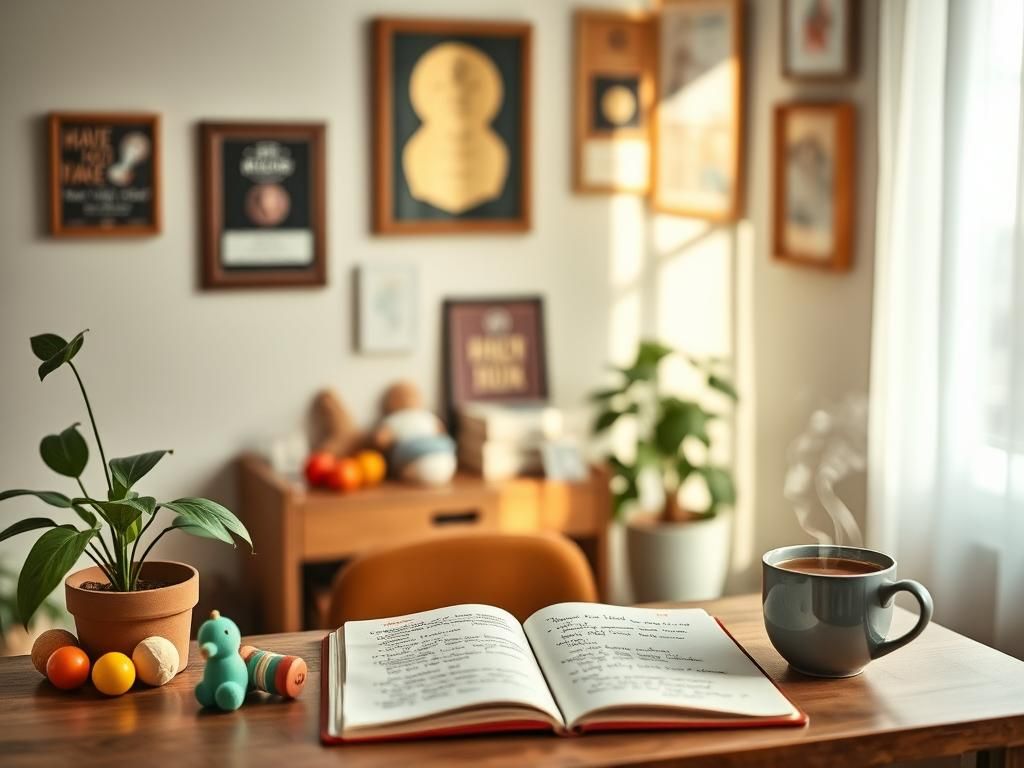 Flick International Cozy home office with colorful baby toys and inspirational lyrics