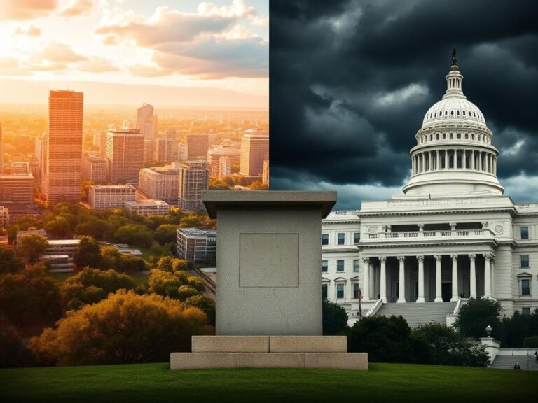 Flick International A split composition showing a vibrant cityscape and a traditional governmental building representing political tension.