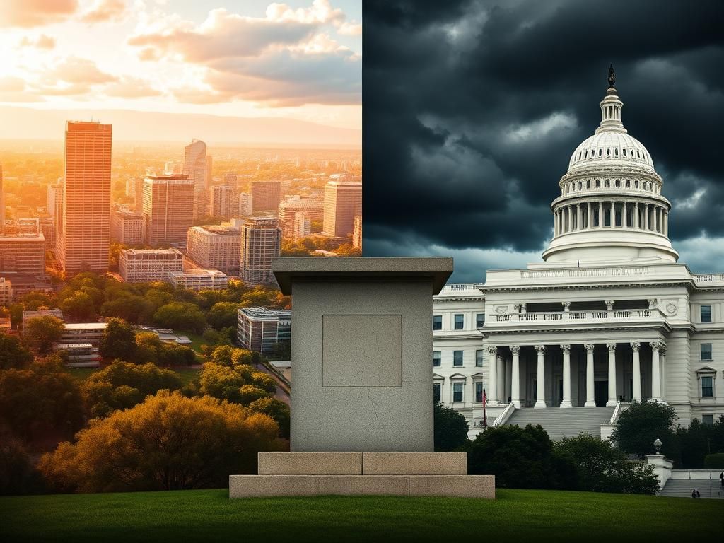 Flick International A split composition showing a vibrant cityscape and a traditional governmental building representing political tension.