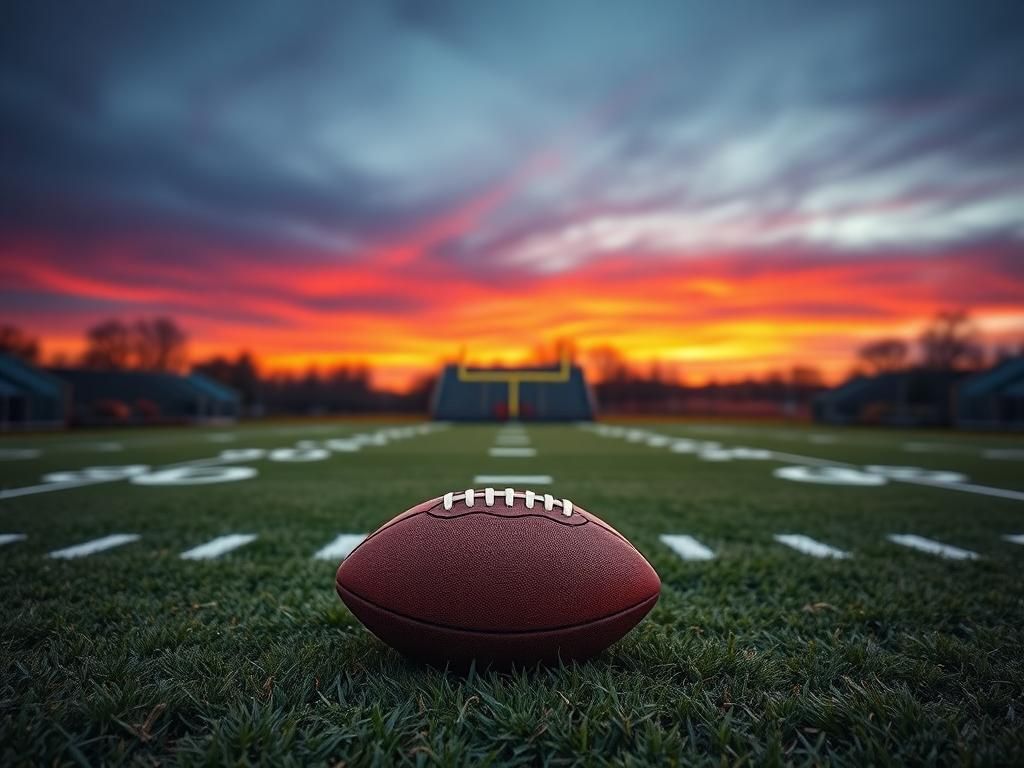 Flick International Empty North Carolina football field at sunset with a leather football in the foreground