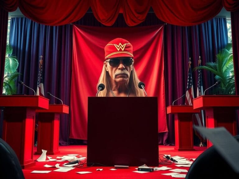 Flick International A dramatic press conference scene featuring Hulk Hogan's banner amid chaos.