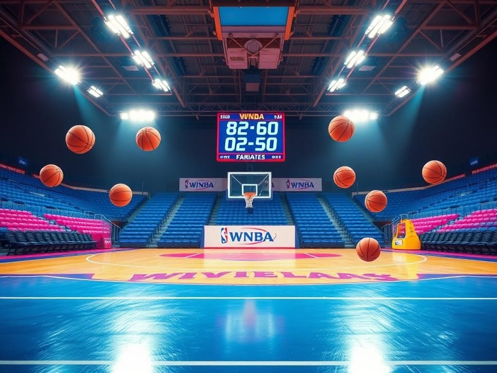 Flick International A vibrant basketball court with a scoreboard indicating 82-60, capturing the humorous essence of a sports commentary debate
