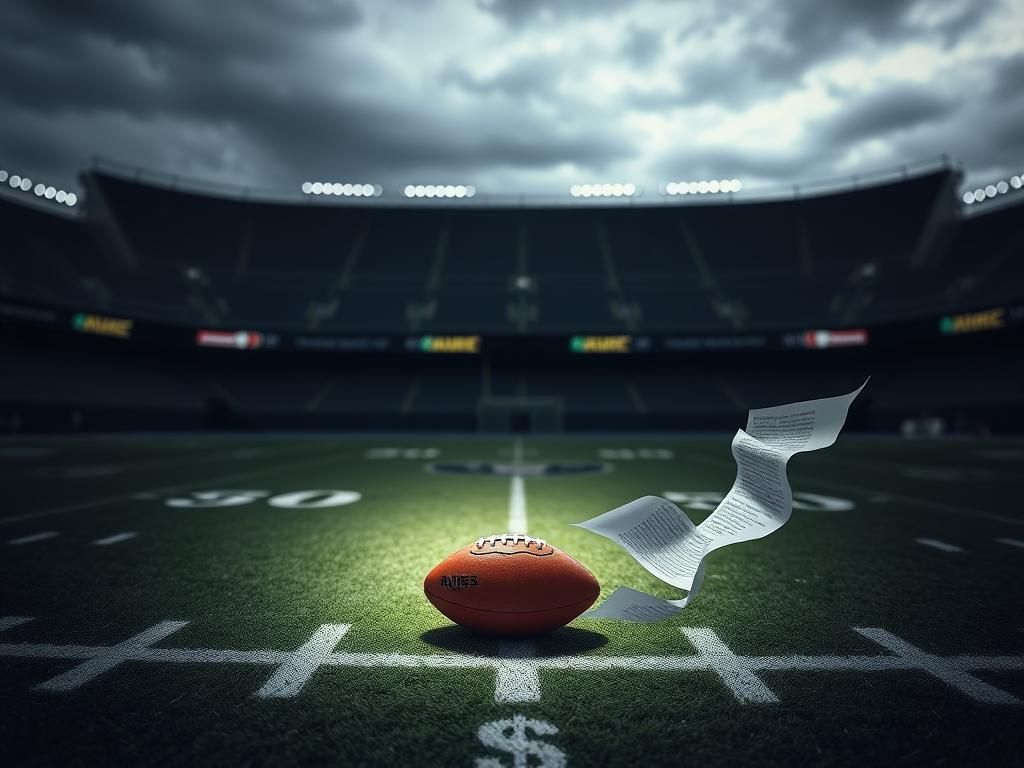 Flick International A dramatic football stadium scene with an empty spot where a football sits, symbolizing the void left by Christian Wilkins' departure from the Raiders.