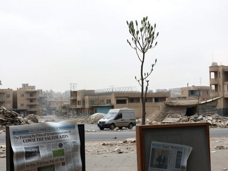 Flick International Desolate urban landscape of Gaza showing crumbling buildings and empty newsstands amidst debris and an overcast sky.