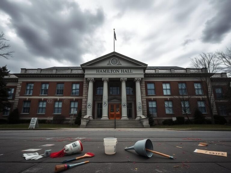 Flick International Somber exterior of Hamilton Hall at Columbia University with graffiti and abandoned cleaning supplies