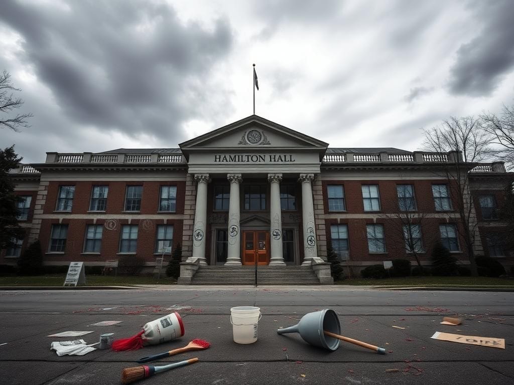 Flick International Somber exterior of Hamilton Hall at Columbia University with graffiti and abandoned cleaning supplies