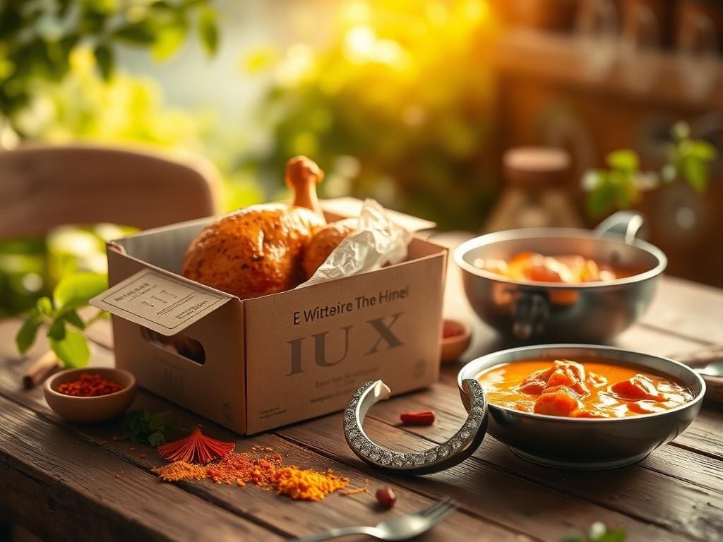 Flick International Rustic wooden table with rotisserie chicken box and colorful spices symbolizing Winona Ryder's anecdote