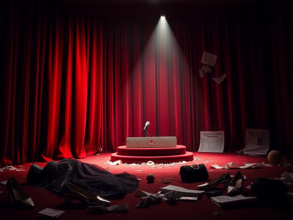Flick International A dimly lit stage with a red velvet curtain revealing an empty podium.