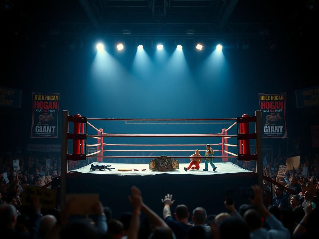 Flick International Dimly lit wrestling ring with iconic memorabilia honoring Hulk Hogan