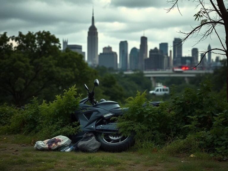 Flick International Urban scene in Fort Washington Park, New York City, with abandoned motorbike amid overgrown foliage