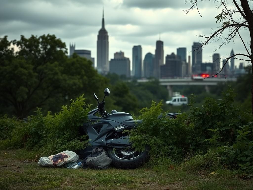 Flick International Urban scene in Fort Washington Park, New York City, with abandoned motorbike amid overgrown foliage