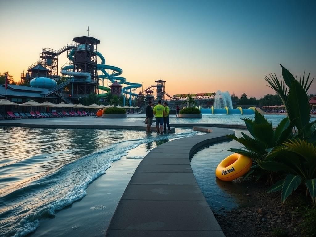 Flick International A serene view of Hersheypark's The Boardwalk water park with water slides and a wave pool at sunset