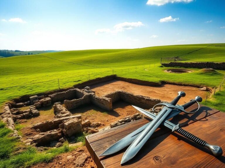 Flick International Archaeological site in Gloucestershire with Roman architecture and cavalry swords