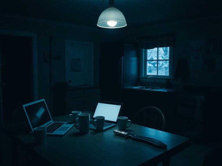 Flick International Dimly lit kitchen in a grim off-campus rental house with shadows and clutter