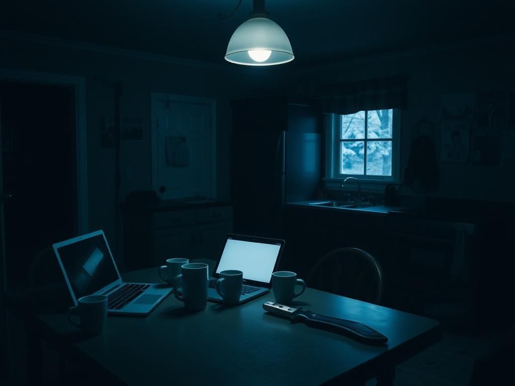 Flick International Dimly lit kitchen in a grim off-campus rental house with shadows and clutter