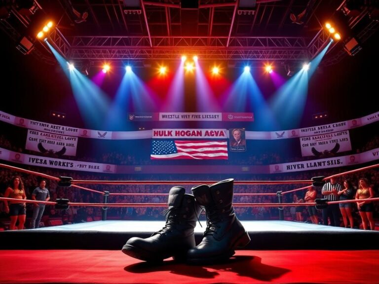 Flick International A vibrant wrestling ring adorned with the American flag and shadows of cheering fans