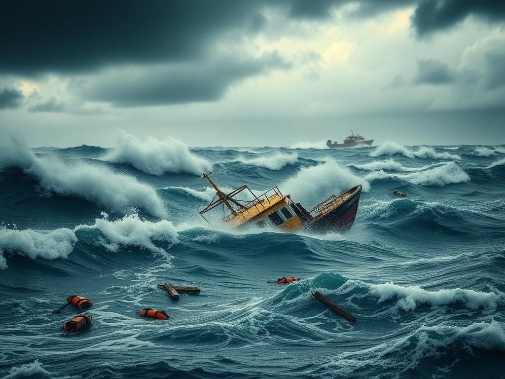 Flick International A turbulent sea surrounds the partially submerged ferry KMP Tunu Pratama Jaya near Bali