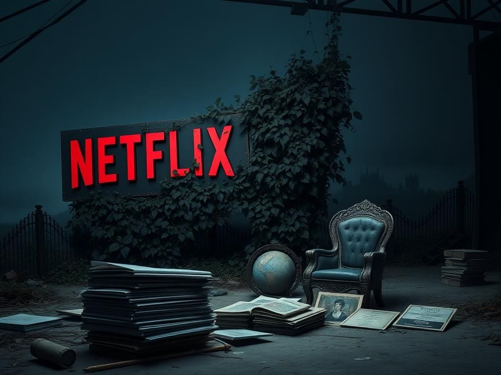 Flick International Somber film set with dilapidated Netflix sign and overgrown ivy