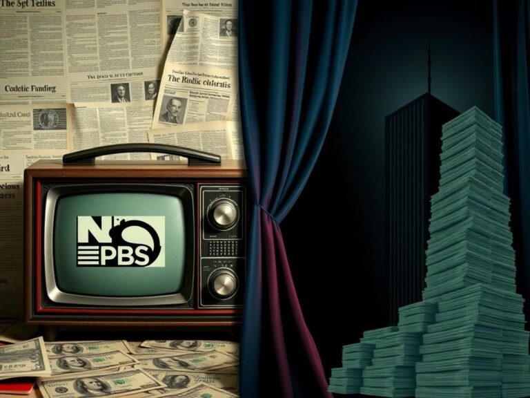 Flick International A split image contrasting public funding for media with corporate influence, featuring vintage radio and TV sets against fading newspapers and a silhouette of a corporate tower with dollar bills.