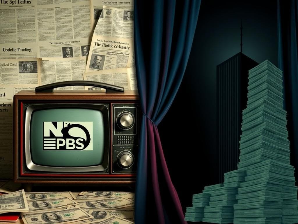 Flick International A split image contrasting public funding for media with corporate influence, featuring vintage radio and TV sets against fading newspapers and a silhouette of a corporate tower with dollar bills.