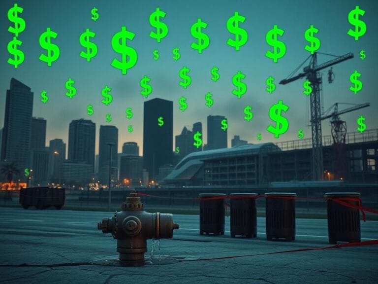 Flick International Twilight cityscape of Los Angeles highlighting modern skyscrapers and decaying infrastructure with a broken fire hydrant leaking water.