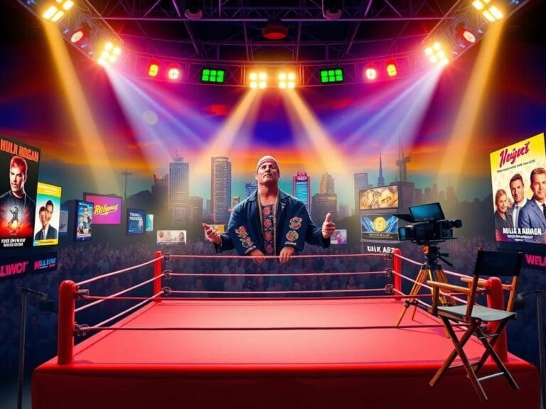 Flick International A vibrant wrestling ring under bright lights with a Hollywood skyline and 1980s movie posters