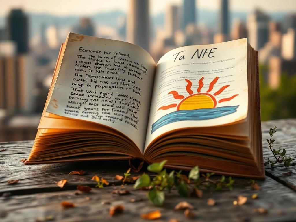 Flick International Close-up of a weather-worn open book on a weathered wooden table with handwritten notes on economic reform and democratic values
