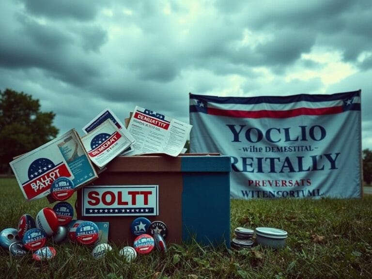 Flick International A split political landscape featuring an empty ballot box and muted campaign imagery symbolizing Democratic Party struggles